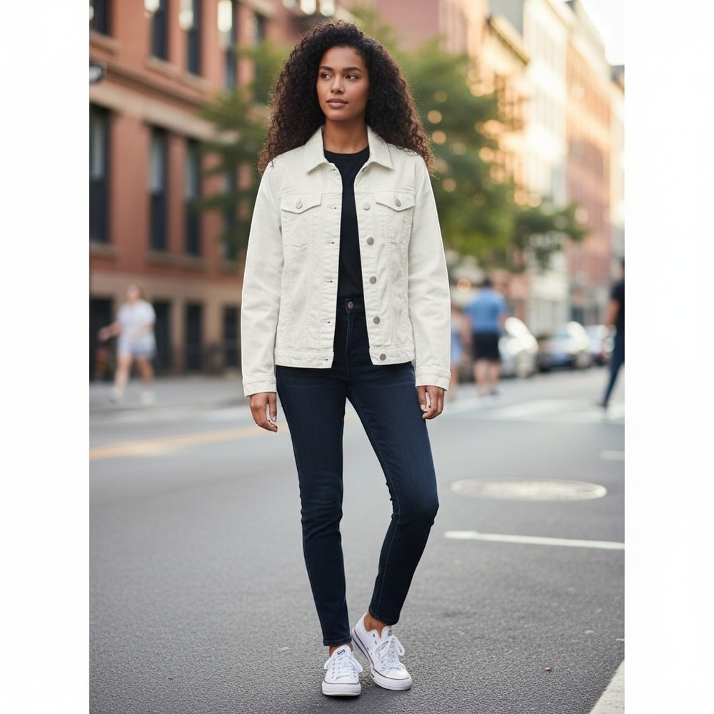 Croft & Barrow Denim Jacket XS White Excellent Stretch Button Front Trucker